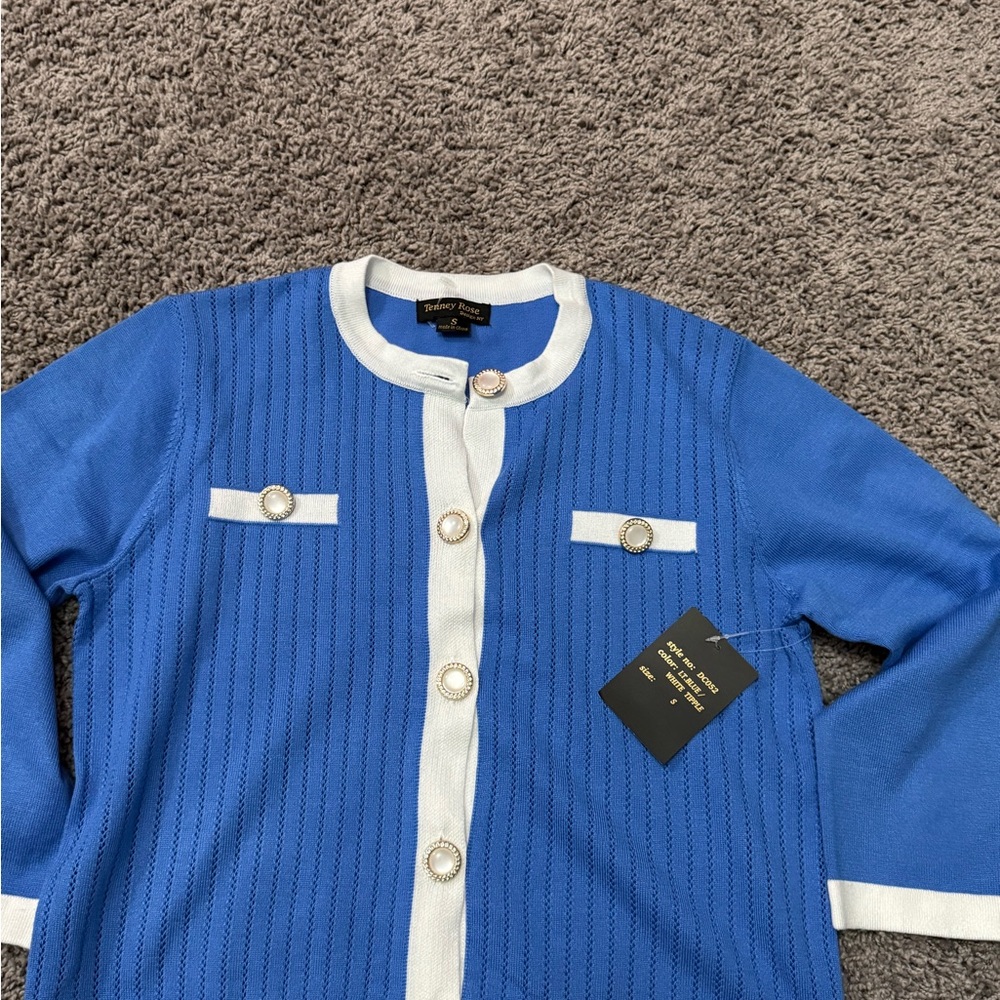 Tenney Rose Design NY Blue and White Cardigan with Button Accents NWT - Picture 1 of 8